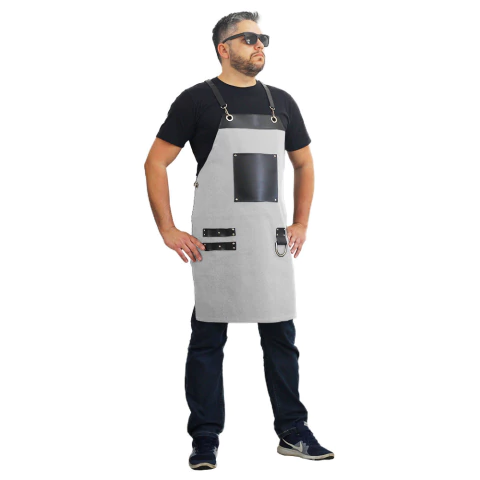 Avental em sarja Cinza com detalhes em sintético- modelo churrasqueiro - comprar online