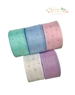 Fita de Organza Brilhosa Com Strass e Borda de Cetim (38 mm) - 2 metros