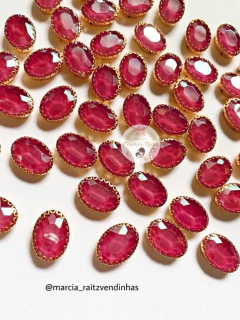 Aplique Pedra Oval Pink Leitosa (20mm) de Vidro - 10 unidades (Dourada Banhadas)