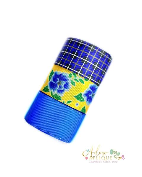 Kit Fita Estampada Junina Floral Azul (38mm) - 1 metro de cada - (Contém Brinde)