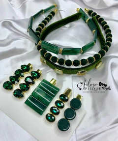 28 - Kit Tiara com Pedras Péroladas Hair Clips de Luxo Verde Esmeralda - (3 Tiaras e 5 Hair Clips)