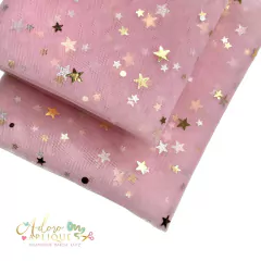 Tecido Tule Rosa com Estrelinhas Douradas (32x100cm) - 1 Unidade