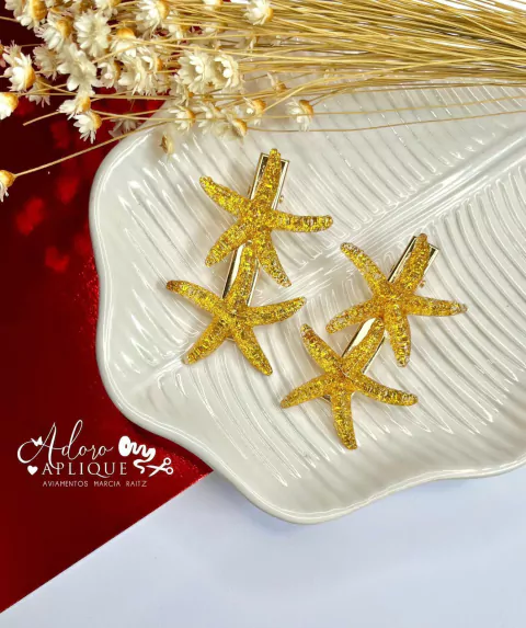 328 - Kit Bico de Pato Coleção Festa com Pedrarias Cor Maré Gold - (2 Hair Clips)