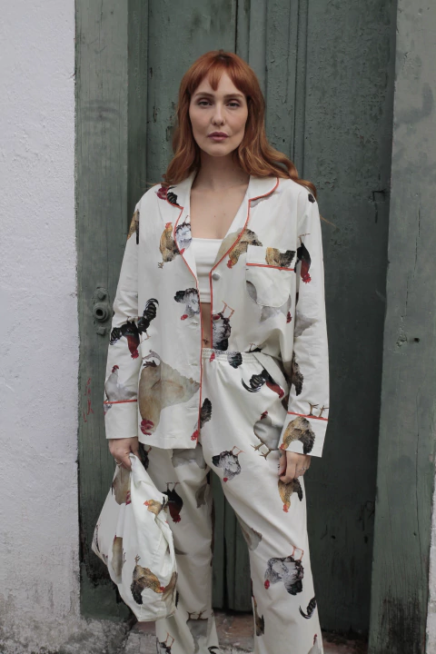 Pijama de Algodão Manga Longa e Calça - Galinha - comprar online