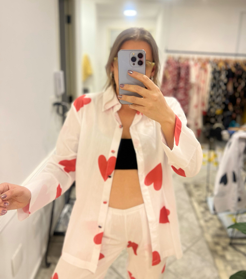 Camisa Manga Longa de Algodão - Coração Vermelho