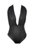 Bodysuit preto com estampa de pantera, decote profundo e detalhes drapeados.