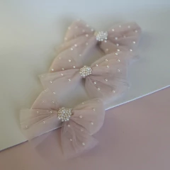 Laço Tule rosa com pérolas (unidade)