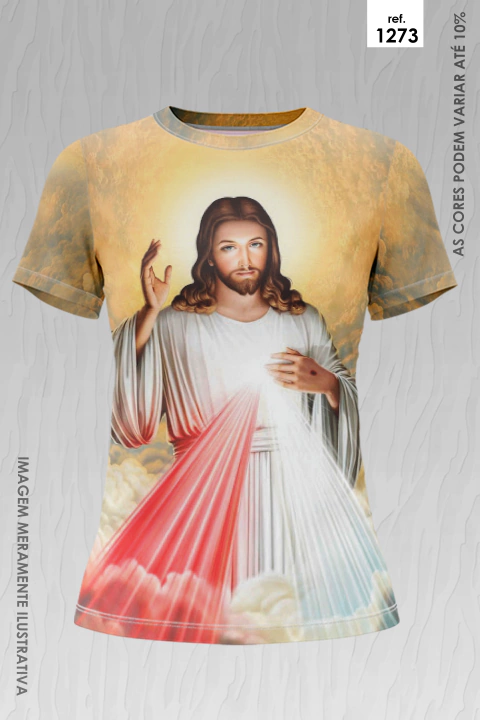 Camiseta feminina com estampa de Jesus Misericordioso em fundo de nuvens douradas