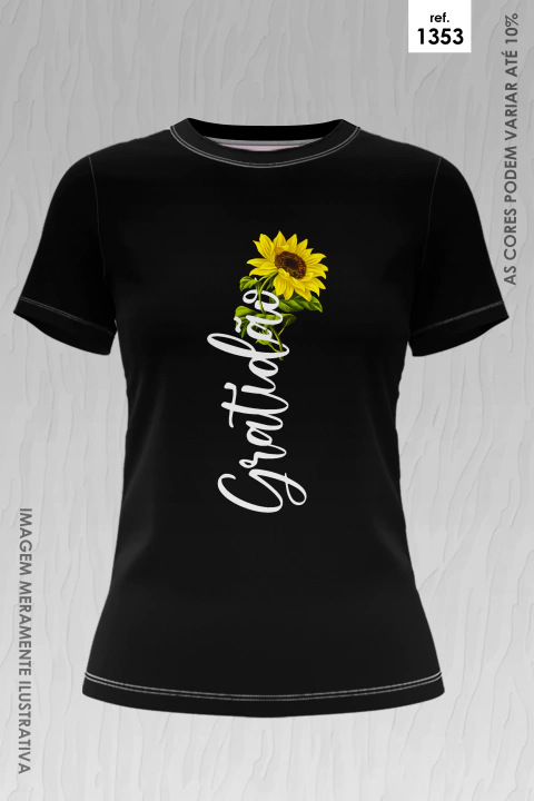 Camiseta preta feminina com estampa vertical de girassol amarelo e a palavra "Gratidão" em branco.