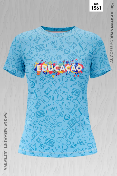 Camiseta azul feminina com estampas educativas em estilo ícones e a palavra "Educação" colorida ao centro