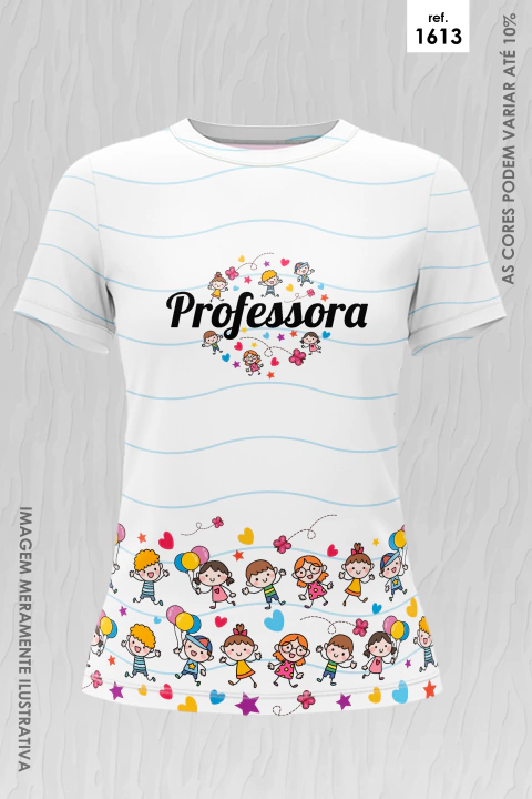 Camiseta branca com desenhos coloridos de crianças e a palavra "Professora" no centro