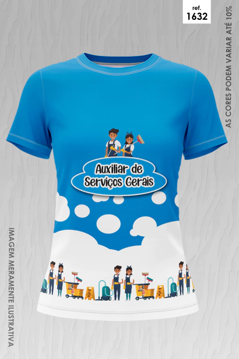 Camiseta azul com ilustrações de auxiliares de serviços gerais e texto "Auxiliar de Serviços Gerais"