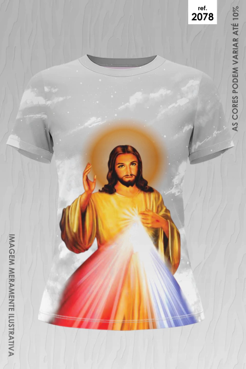 Camiseta feminina branca com estampa de Jesus Misericordioso irradiando luzes vermelha e azul