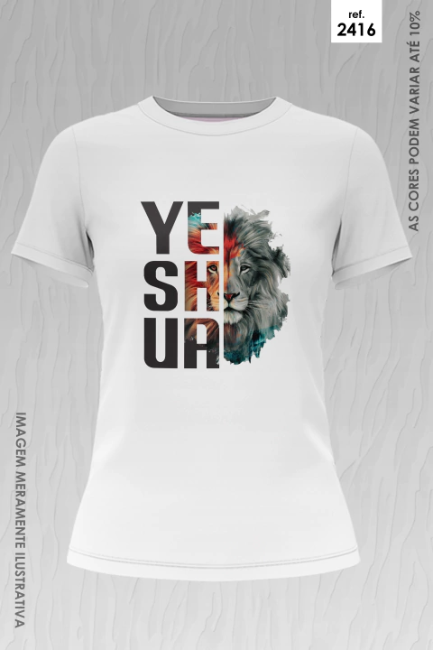 Camiseta branca feminina com estampa da palavra Yeshua e imagem artística de um leão colorido