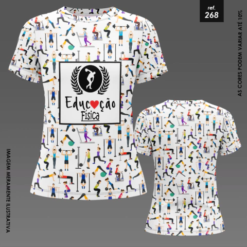 Camisa de Educação Física com estampa colorida de atividades esportivas e o texto "Educação Física" em destaque.
