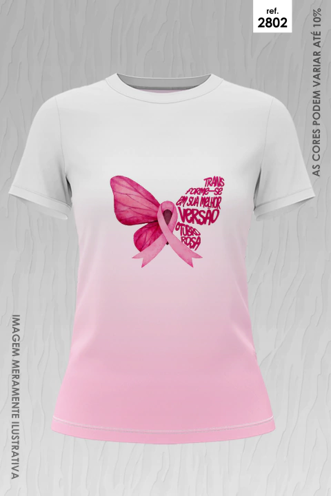 Camiseta feminina com degrade branco para rosa e estampa de laço rosa com asas de borboleta e frase Outubro Rosa