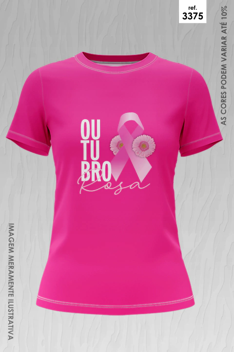 Camiseta rosa com estampa do laço e flores simbolizando Outubro Rosa