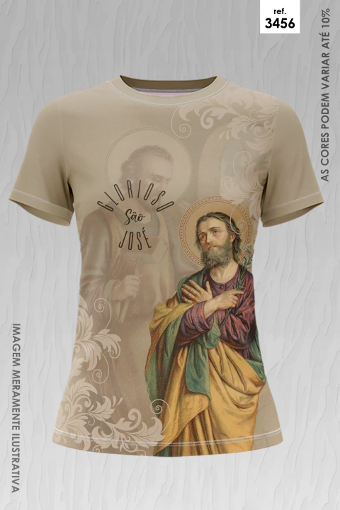 Camiseta feminina bege com estampa sublimada de São José segurando lírio e martelo, texto "Glorioso São José"