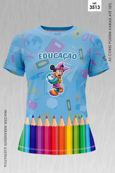 Camiseta azul com estampa da Minnie e tema de educação, com lápis de cor coloridos na barra