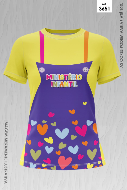 Camiseta feminina amarela com estampa simulando avental roxo decorado com corações coloridos e texto "Ministério Infantil".