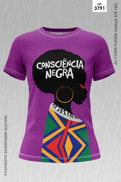 Camiseta roxa com estampa de perfil feminino negro com cabelo afro e brinco de argola, vestindo roupa colorida com padrão geométrico e texto "Consciência Negra"