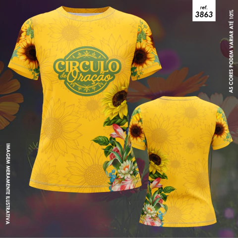 Camisa amarela com estampa de flores e logotipo "Círculo de Oração" na frente, ideal para eventos religiosos.