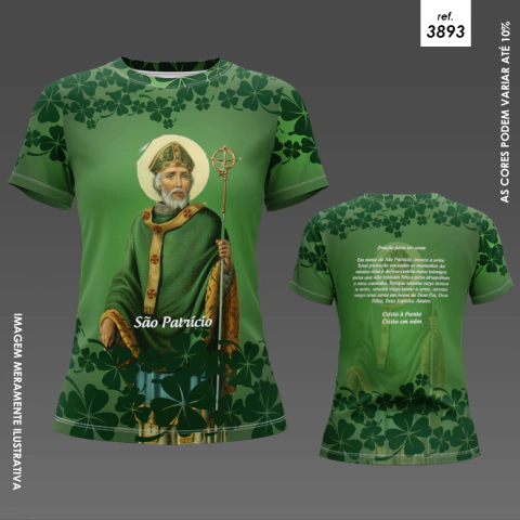 T-shirt personalizada com a imagem de São Patrício, adornada com trevos verdes.