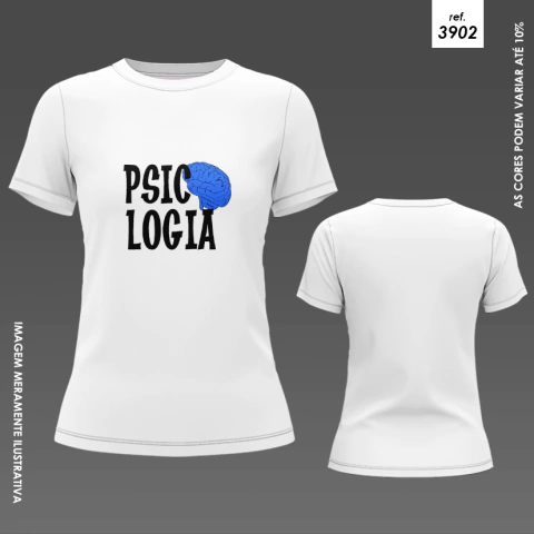 Camisa branca com estampa "PSIC LOGIA" e um cérebro azul, representando o tema da psicologia.