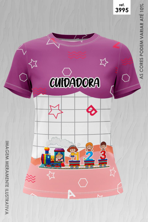 Camiseta colorida com estampa infantil de trem com crianças e números, texto "Cuidadora" na parte superior