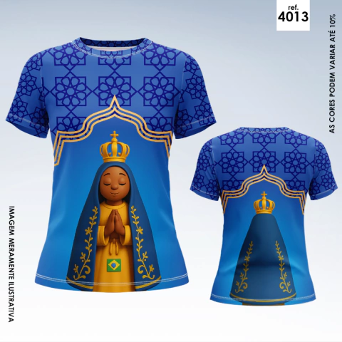 Camiseta azul com estampa ilustrativa de Nossa Senhora Aparecida com manto azul e coroa dourada, fundo com padrão de cruzes e detalhes dourados