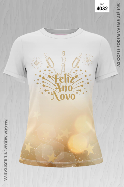 Camiseta branca com estampa dourada comemorativa de Ano Novo, incluindo taças de champanhe, fogos de artifício e texto "Feliz Ano Novo".