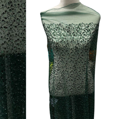 Tul bordado con piedras y lentejuelas verde oscuro - comprar online