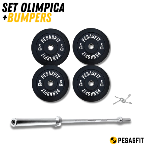 Barra Olimpica 20kg 2.20m + Bumpers de Caucho nacional