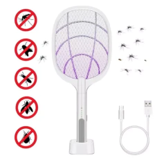 Raqueta electrica ubs recargable + luz atrae mosquitos + base sujetadora