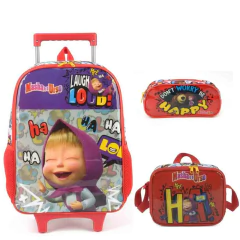 KIT MOCHILA RODINHA LANCHEIRA ESTOJO MASHA VERMELHO - LUXCEL - comprar online