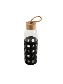 Botella Vidrio con Tapa Bamboo y Funda de Silicona Círculos.