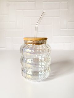 Vaso Vidrio Tornasol Bombé Tapa Bamboo 500ml en internet