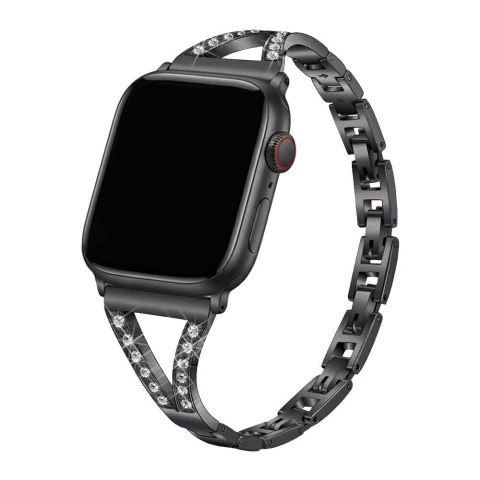 Pulseira Aço Slim Strass Preta Compatível com Apple Watch