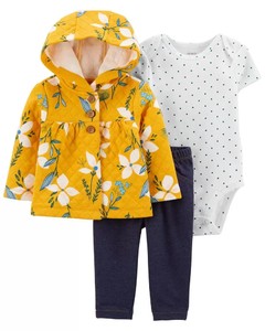 Set 3 Piezas - Campera Algodón, Body Manga Corta y Pantalón "Flores Amarillo"