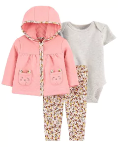 Set 3 Piezas - Campera Algodón, Body Manga Corta y Pantalón Flores "Conejito"