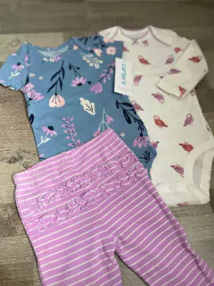 Set 3 Piezas - Body Mangas Cortas, Body mangas Largas y Pantalón "Lechuzas y Flores" - - Luna Lunita