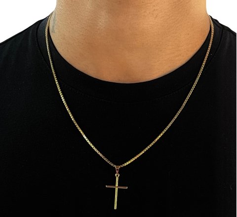corrente veneziana (50cm)(1.5mm) ping cruz palito - Banhado a ouro 18k