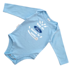 Body Bebe Soy de Ford desde la cuna Recien Nacido a 3 meses algodón 100% Celeste manga larga
