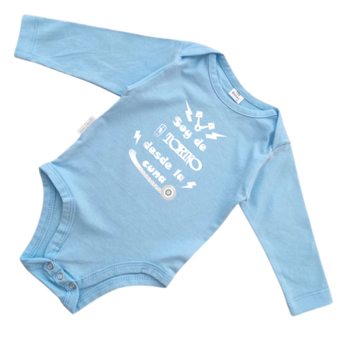 Body Bebe Soy de Torino desde la cuna Recien Nacido a 3 meses algodón 100% Celeste manga larga