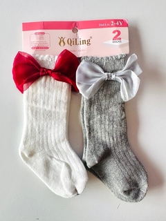 Medias Románticas Importadas Blanca y Gris (Pack 2 Pares con Moño) Talle único 2 a 4 años - comprar online