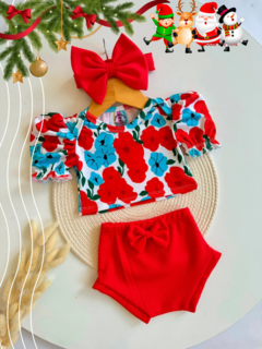Conjunto Santa Flores Turquesas (Top + Short + Moño)