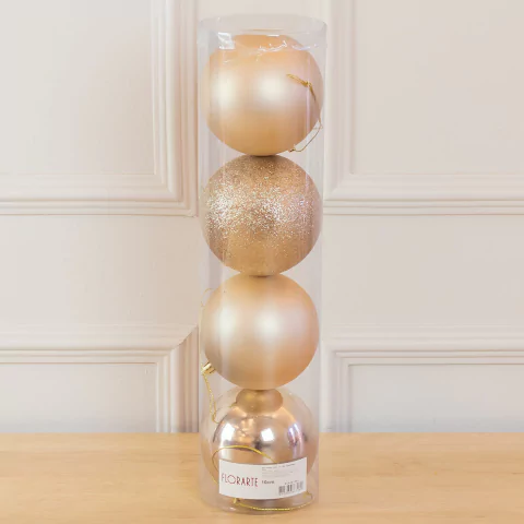 Bola de Natal Misto Tubo C/4 Und Champanhe C/ Glitter, Fosco e Brilhante 10cm (Florarte)