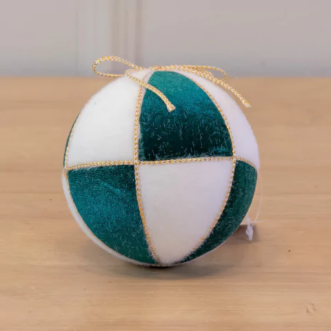 Bola de Natal Decorada Veludo Verde Escuro e Branco 10cm (Florarte)