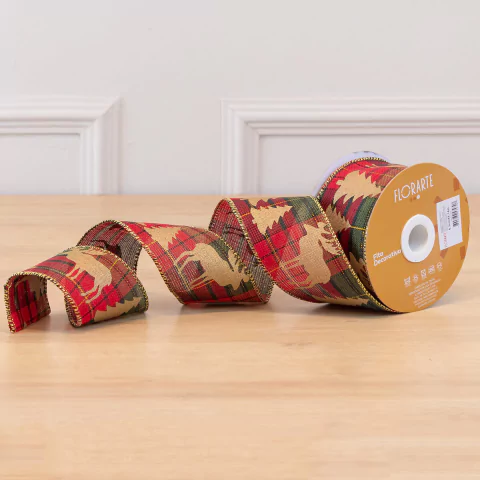 Fita Aramada Xadrez Vermelho Verde com Renas e Pinheiros Dourado 6,3cmx9,14m (FLORARTE)