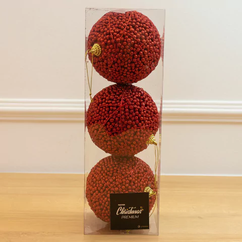 Bola de Natal Decorativa com Bolinhas e Glitter Vermelha 10cm com 3 unidades (Master Christmas)